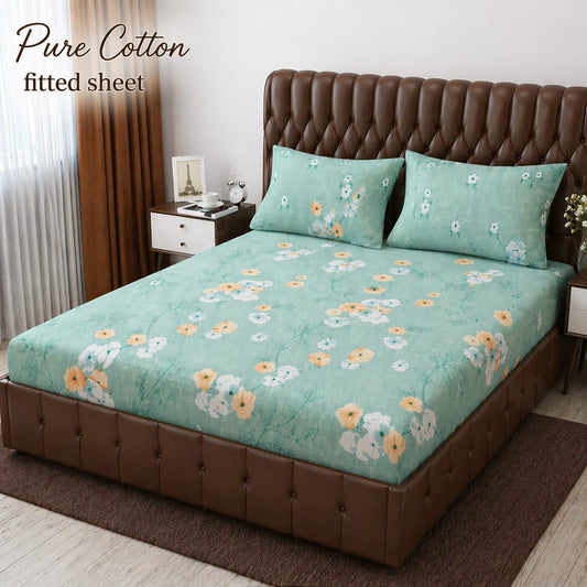✨ 3 Pcs Pure Cotton Fitted Bedsheet Set ✨